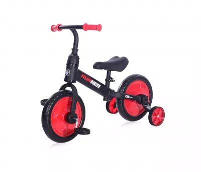 Bicicleta de echilibru 2in1 Runner, cu pedale si roti ajutatoare, de la 3 ani pana la 5 ani, Negru cu Rosu