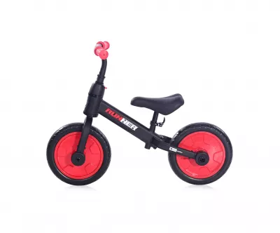 Bicicleta de echilibru 2in1 Runner, cu pedale si roti ajutatoare, de la 3 ani pana la 5 ani, Negru cu Rosu