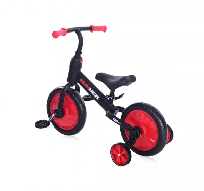 Bicicleta de echilibru 2in1 Runner, cu pedale si roti ajutatoare, de la 3 ani pana la 5 ani, Negru cu Rosu