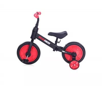 Bicicleta de echilibru 2in1 Runner, cu pedale si roti ajutatoare, de la 3 ani pana la 5 ani, Negru cu Rosu