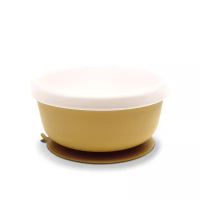 Bol de hranire cu capac, din silicon natural, cu ventuza, 6 luni+, Yellow