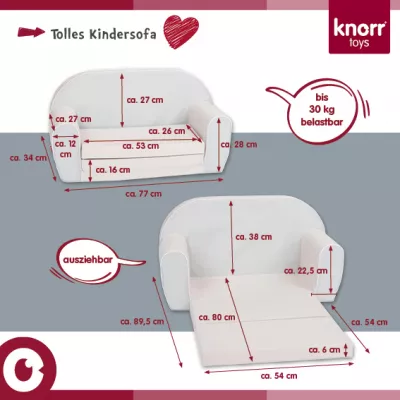 Canapea extensibila pentru copii, Knorr Toys, umplutura din spuma moale, husa bumbac 100% detasabila si lavabila, 77 x 34 x 42 cm, 9 Luni+, Unicorn Roz
