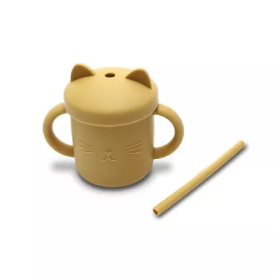 Articole de hranire 0-3 ani - Canuta cu manere si pai, din silicon natural, 9 luni+, Yellow, bebelorelli.ro