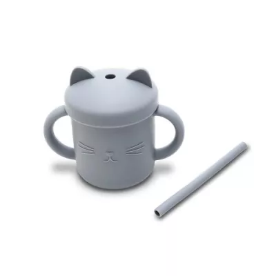 Articole hranire copii - Canuta cu manere si pai, din silicon natural, 9 luni+, Grey, bebelorelli.ro
