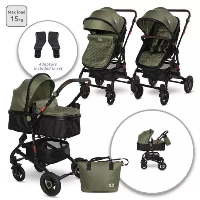 Carucior Alba Premium, landou transformabil, adaptori scoica, de la 0 luni pana la 3 ani, maxim 15 kg, Loden Green