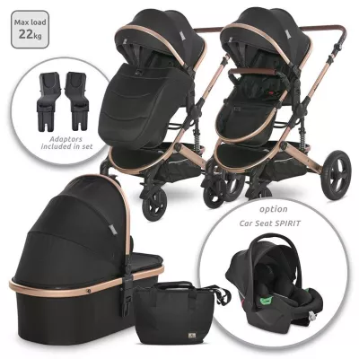 Carucior Boston, cu adaptori cos auto, de la 0 luni pana la 4 ani, maxim 22 kg, landou separat, cadru din aluminiu, cos auto optional, Black