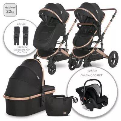 Carucior  Boston, de la 0 luni pana la 4 ani, maxim 22 kg, landou separat,  cadru din aluminiu, cos auto optional, Black
