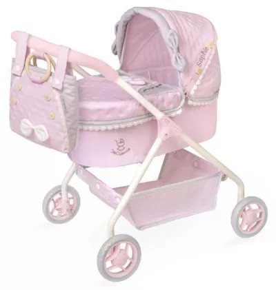 Carucior clasic pentru papusi, design compact, saltea inclusa, ideal pentru copii mici, colectia Sophie, Roz