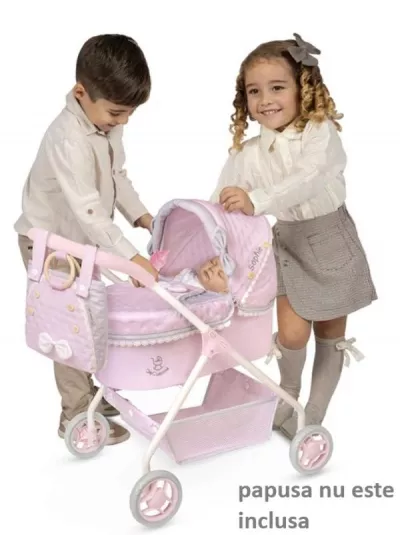 Carucior clasic pentru papusi, design compact, saltea inclusa, ideal pentru copii mici, colectia Sophie, Roz