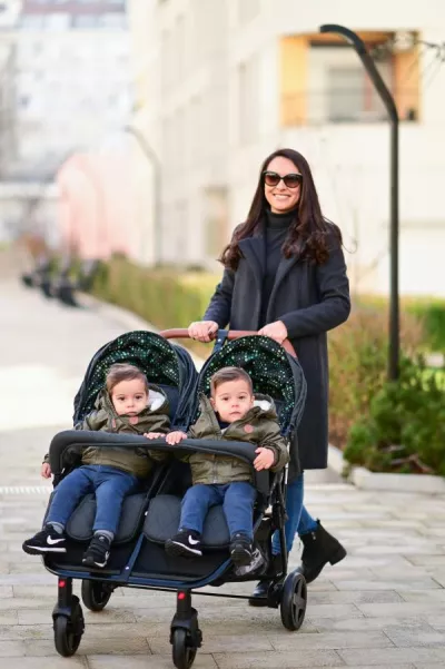 Carucior Duo, pentru gemeni, de la 0 luni pana la 3 ani, maxim 30 kg, husa de vreme rece, Cool Gri