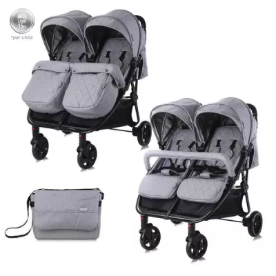 Carucior Duo, pentru gemeni, de la 0 luni pana la 3 ani, maxim 30 kg, husa de vreme rece, Cool Gri