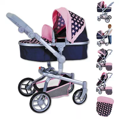 Carucior landou pentru papusi, Knorr Toys, Boonk, reglabil si transformabil, 59 x 42 x 80 cm, 3 Ani+, Pink Hearts