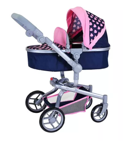 Carucioare papusi si accesorii - Carucior landou pentru papusi, Knorr Toys, Boonk, reglabil si transformabil, 59 x 42 x 80 cm, 3 Ani+, Pink Hearts, bebelorelli.ro