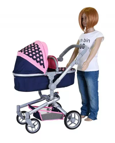 Carucior landou pentru papusi, Knorr Toys, Boonk, reglabil si transformabil, 59 x 42 x 80 cm, 3 Ani+, Pink Hearts