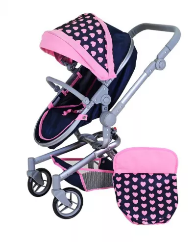 Carucior landou pentru papusi, Knorr Toys, Boonk, reglabil si transformabil, 59 x 42 x 80 cm, 3 Ani+, Pink Hearts