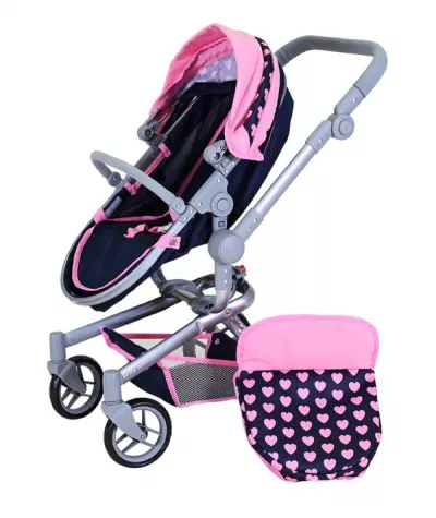 Carucior landou pentru papusi, Knorr Toys, Boonk, reglabil si transformabil, 59 x 42 x 80 cm, 3 Ani+, Pink Hearts
