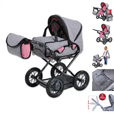 Carucior landou pentru papusi, Knorr Toys, Ruby, reglabil si transformabil, 51 x 37 x 64 cm, 3 Ani+, Jeans Grey