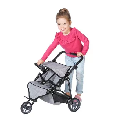 Carucior pentru doua papusi, Knorr Toys, Duo, maner reglabil pe inaltime, 64 x 48 x 55 cm, 3 Ani+, Jeans Grey