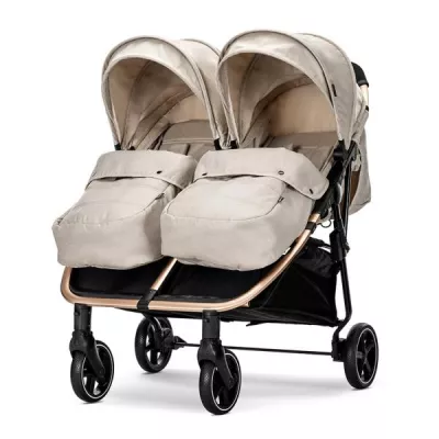 Carucior pentru gemeni, Duo, pana la 22 kg per copil, cadru din aluminiu, spatar reglabil pozitii multiple, geanta pentru mama inclusa, Beige