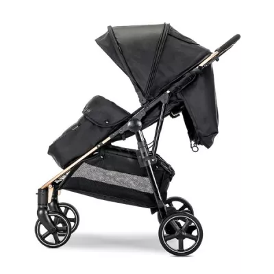 Carucior pentru gemeni, Duo, pana la 22 kg per copil, cadru din aluminiu, spatar reglabil pozitii multiple, geanta pentru mama inclusa, Black
