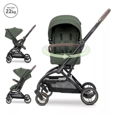 Carucior pentru nou-nascut, Makaya, cu scaun rotativ 360 grade, cadru din aluminiu, pana la 22 kg, Green