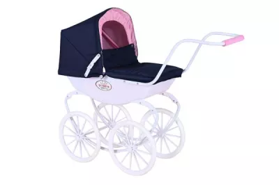 Carucioare papusi si accesorii - Carucior retro pentru papusi, Knorr Toys, Classic, copertina reglabila, include lenjerie asortata, husa de picioare, 80 x 31 x 71 cm, 3 Ani+, Navy Blue Rose Princess, bebelorelli.ro