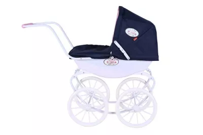 Carucior retro pentru papusi, Knorr Toys, Classic, copertina reglabila, include lenjerie asortata, husa de picioare, 80 x 31 x 71 cm, 3 Ani+, Navy Blue Rose Princess