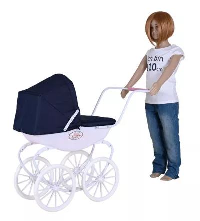 Carucior retro pentru papusi, Knorr Toys, Classic, copertina reglabila, include lenjerie asortata, husa de picioare, 80 x 31 x 71 cm, 3 Ani+, Navy Blue Rose Princess