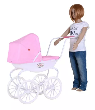 Carucior retro pentru papusi, Knorr Toys, Classic, copertina reglabila, include lenjerie asortata, husa de picioare, 80 x 31 x 71 cm, 3 Ani+, Rose White Princess
