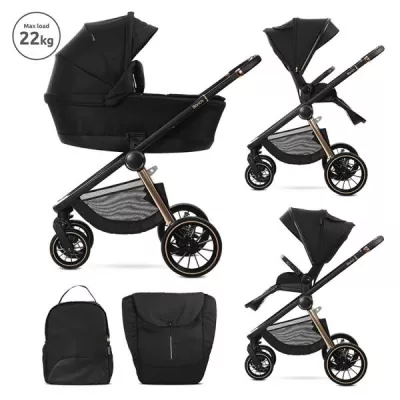 Carucior Set 2 in 1, Bianca, cos landou individual cu maner de transport, cadru din aluminiu, pana la 22 kg, Black