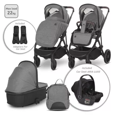 Carucior Set 3 in 1, Aria, cosulet auto Aria Luxe 40-87 cm inclus, multiple accesorii, Grey