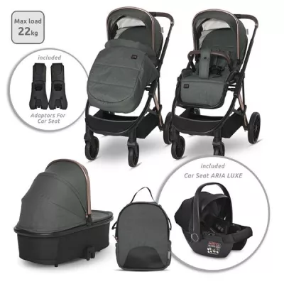 Carucior Set 3 in 1, Aria, cosulet auto Aria Luxe 40-87 cm inclus, multiple accesorii, Green