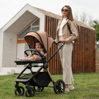 Carucior Set 3 in 1, Bianca, cadru usor din aluminiu, pana la 22 kg, Beige Warm