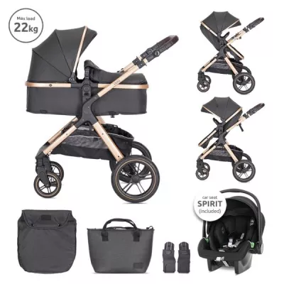 Carucior Set 3 in1, Viola, cos auto Spirit inclus, transformabil, sezut reversibil,  pana la 22 kg, Black