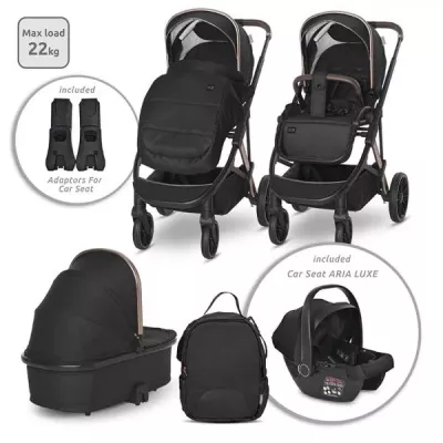 Carucior set 3in1,  Aria, cosulet auto Aria Luxe 40-87 cm inclus, Black