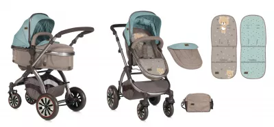 Carucior Set Aurora, 2in1, cadru din aluminiu, Beige & Green Bear