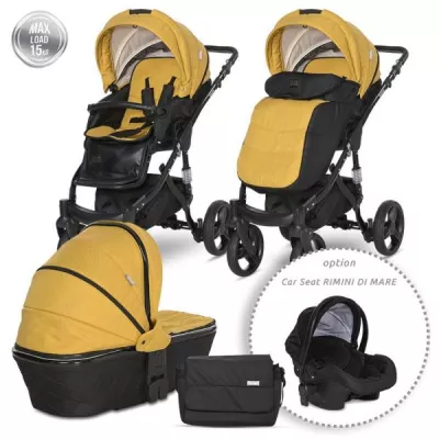 Carucior set Rimini Premium, landou separat, sezut reversibil, cadru din aluminiu, cos auto optional, Galben cu Negru