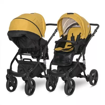 Carucior set Rimini Premium, landou separat, sezut reversibil, cadru din aluminiu, cos auto optional, Galben cu Negru