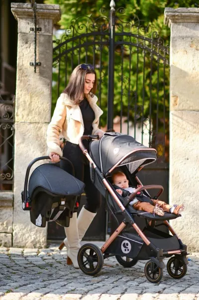 Carucior set, Storm, de la 0 luni pana la 4 ani, maxim 22 kg, cos auto inclus, cadru din aluminiu, Luxe Black