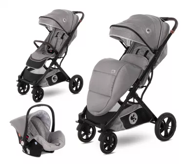 Carucior set, Storm, de la 0 luni pana la 4 ani, maxim 22 kg, cos auto inclus, cadru din aluminiu, Gri Opaline
