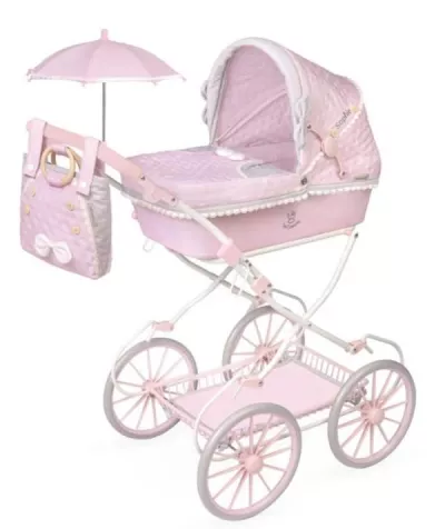 Carucior tip landou pentru papusi, stil vintage, cu accesorii complete si maner reglabil, colectia Sophie, Roz