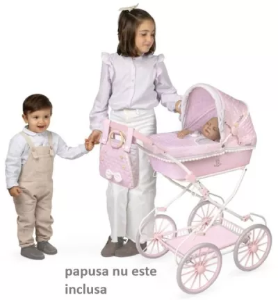 Carucior tip landou pentru papusi, stil vintage, cu accesorii complete si maner reglabil, colectia Sophie, Roz