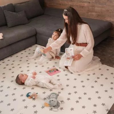 Covoras de joaca termic pentru copii, din spuma XPE, design cu doua fete, pliabil, 180 x 200 cm, Waves & Stars