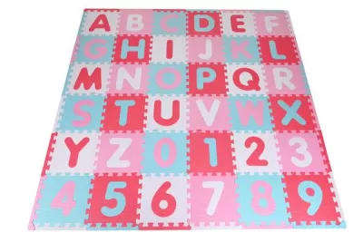 Covoras puzzle colorat, Knorr Toys, 110 piese, 180x180 cm, din spuma moale Eva, izolator si antiderapant, 0 Luni+, Cifre si Litere Pink Rosa