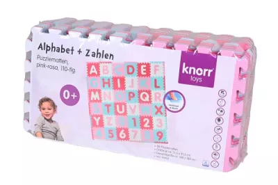 Covoras puzzle colorat, Knorr Toys, 110 piese, 180x180 cm, din spuma moale Eva, izolator si antiderapant, 0 Luni+, Cifre si Litere Pink Rosa