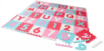 Covoras puzzle colorat, Knorr Toys, 110 piese, 180x180 cm, din spuma moale Eva, izolator si antiderapant, 0 Luni+, Cifre si Litere Pink Rosa