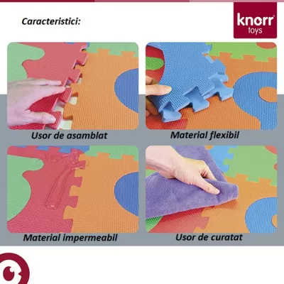 Covoras puzzle colorat, Knorr Toys, 110 piese, 180x180 cm, din spuma moale Eva, izolator si antiderapant, 0 Luni+, Cifre si Litere Pink Rosa