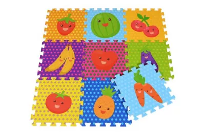 Covoare copii - Covoras puzzle colorat, Knorr Toys, 9 piese, 30x30x1 cm, din spuma moale Eva, izolator si antiderapant, 10 Luni+, Fructe, bebelorelli.ro