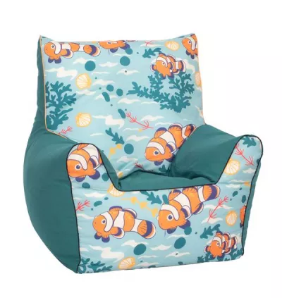 Fotoliu pentru copii, Knorr Toys, umplutura bilute din polistiren care iau forma corpului, husa din bumbac detasabila si lavabila, 60 x 58 x 60 cm, 2-10 Ani, Clownfish