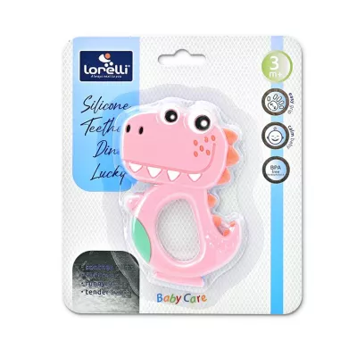 Jucarii de dentitie bebe - Jucarie de dentitie din silicon, Dino Lucky, peste 3 luni, Pink, bebelorelli.ro